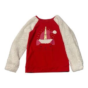 Girls Fuzzy White Red Unicorn Kitty Cat Santa Clause Holiday Sweatshirt